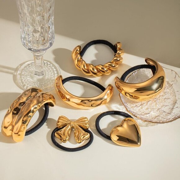 18K Gold Chunky Hammered Arch Hair Cuffs Hair Ties, Stainless Steel Ponytail Cuf - Picture 6 of 9